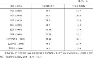 表3-3 中国与几个发展中国家二元经济结构强度比较