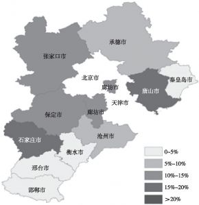 图11 2014～2017年北京对河北各地级市投资占比空间分布