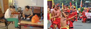 图6-2 （左）笔者采访泉州第三代拍胸舞传承人杨清端；（右）杨清端拍胸舞动态（文竹摄）