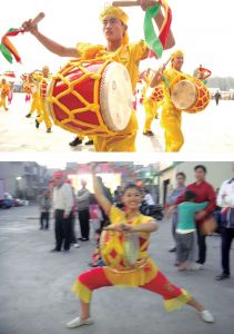 图6-4 （上）漳州大鼓凉伞“男鼓手”；（下）台南六甲乡跳鼓阵的“女鼓手”