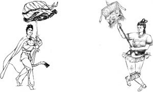 图6-6 （左）漳州伞娘四方步舞姿；（右）台湾伞娘菱形步舞姿