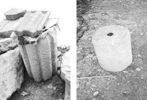 图3-3 福山张保村的石磙（左边为齿磙，右边为圆磙）