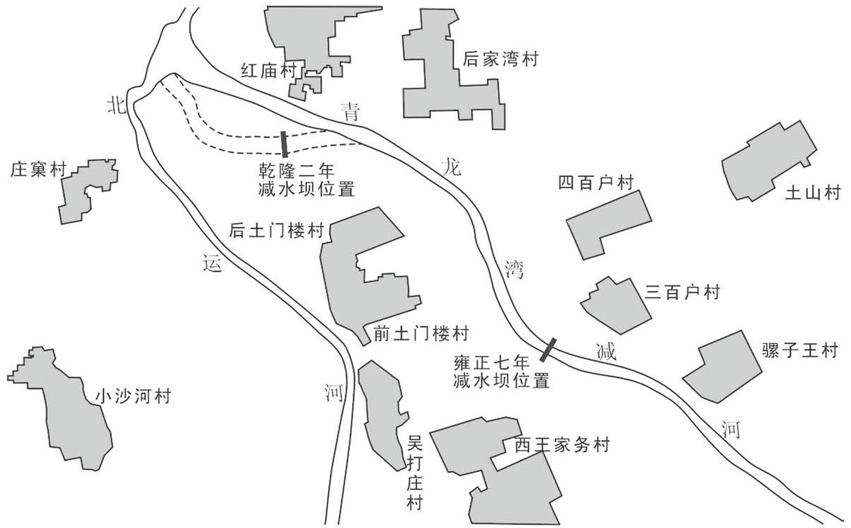 图2 青龙湾减河滚水坝遗址分布