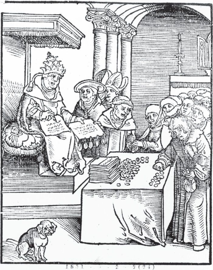教宗出售赎罪券，1521年。摘自菲利普·梅兰克森（Philipp Melancthon）的《狂热的基督徒与反基督徒》。菲利普是一位重要的改革主义者和出售赎罪券的批判者。