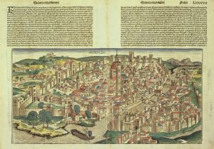 佛罗伦萨的风光，1493年。这是克伦威尔所熟知的城市，四周环绕着城墙，城中央是大教堂，大教堂圆顶是菲利波·布鲁内莱斯基（Filippo Brunelleschi）完成的。这幅插图选自《纽伦堡编年史》，该书首次出版于1493年，是克伦威尔的朋友斯蒂芬·沃恩买给他的。