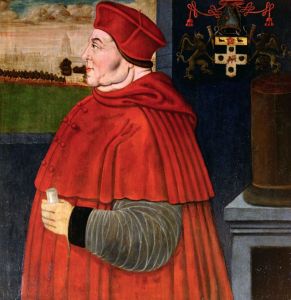 枢机主教托马斯·沃尔西（1470/1471—1530）。这幅肖像是为了纪念1525年枢机主教学院（后更名为圣基督教会学院）在牛津大学建立而制作的。