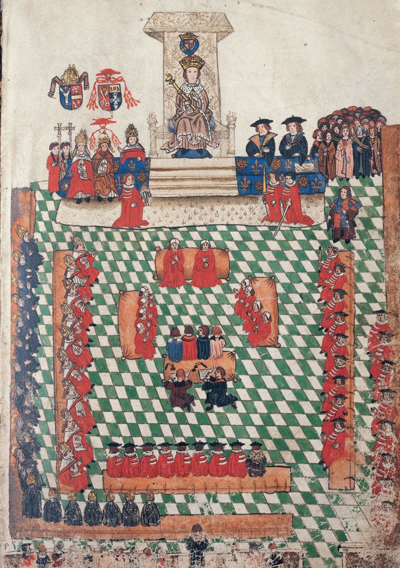 议会上的亨利八世（1491—1547）。这次议会于1523年4月到8月召开，是克伦威尔参加的首次议会。因为那时他是无名小卒，所以不大可能出现在这幅插图中，这幅插图选自《赖奥思利嘉德书卷》。可以看到他的侍主托马斯·沃尔西位于国王的右边，头上戴着枢机主教的帽子。