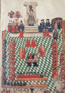 议会上的亨利八世（1491—1547）。这次议会于1523年4月到8月召开，是克伦威尔参加的首次议会。因为那时他是无名小卒，所以不大可能出现在这幅插图中，这幅插图选自《赖奥思利嘉德书卷》。可以看到他的侍主托马斯·沃尔西位于国王的右边，头上戴着枢机主教的帽子。