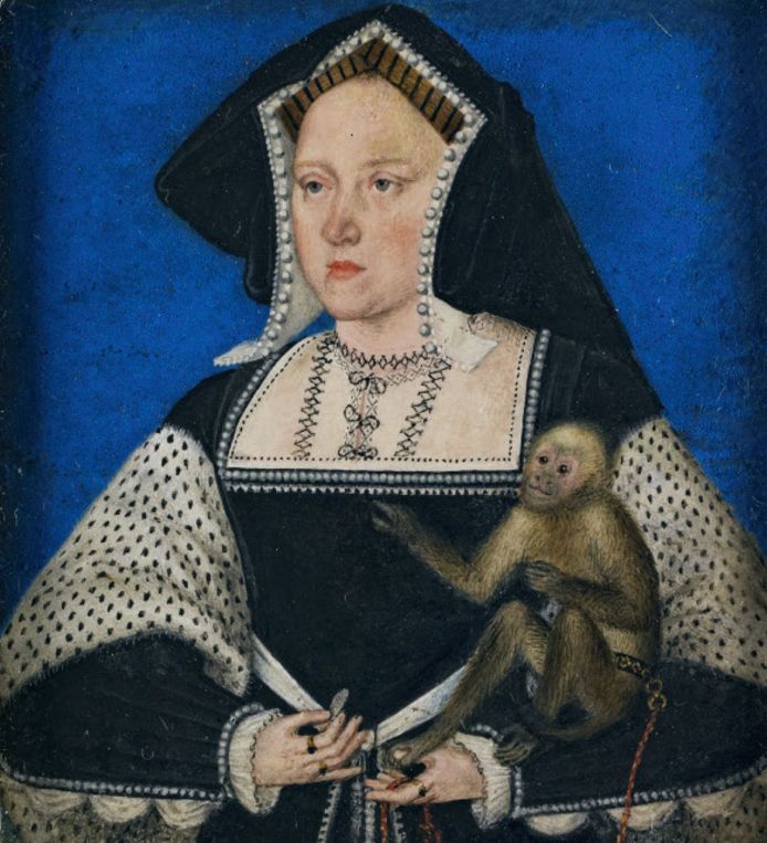 1525年卢卡斯·欧汉布（Lucas Horenbout）绘制的阿拉贡的凯瑟琳（1485—1536）。这幅肖像象征了凯瑟琳的虔诚。她给她的猴子一枚硬币，但是猴子选择了十字架。