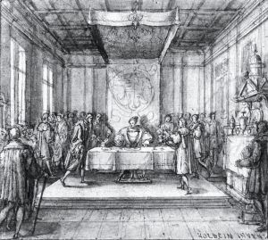 亨利八世在他的接见厅用餐。国王坐在一个华盖下面，身边环绕着宫廷的人。左侧手持木板的是他的高级廷臣们。