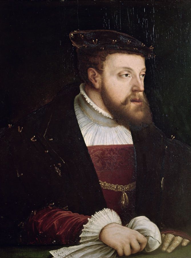 查理五世（1500—1558）。作为神圣罗马帝国皇帝和西班牙的统治者，查理统治了大片地域。他还是阿拉贡凯瑟琳的外甥，这让他跟亨利八世的关系日益紧张。