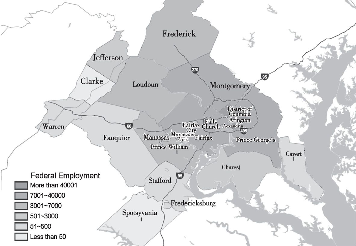 图4-2 华盛顿都市圈联邦雇员就业岗位的空间分布