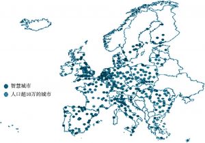 图2 欧盟超过10万以上人口普通城市以及智慧城市位置示意