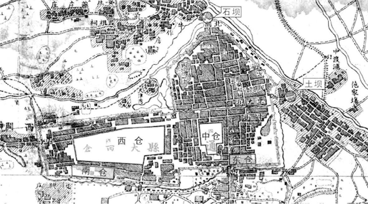 图8 明清通州城池、漕运码头和仓储位置图