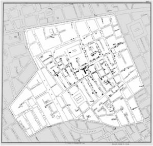 图1-3 John Snow绘制的伦敦某区域霍乱发生与水井的关系图