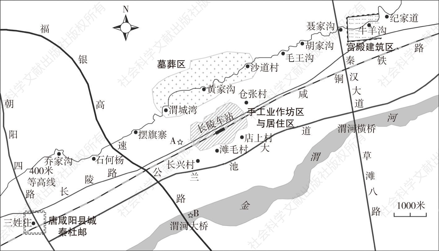 图1 秦杜邮、西门与宫殿建筑区、手工业作坊区的相对位置示意（底图采自腾讯地图）