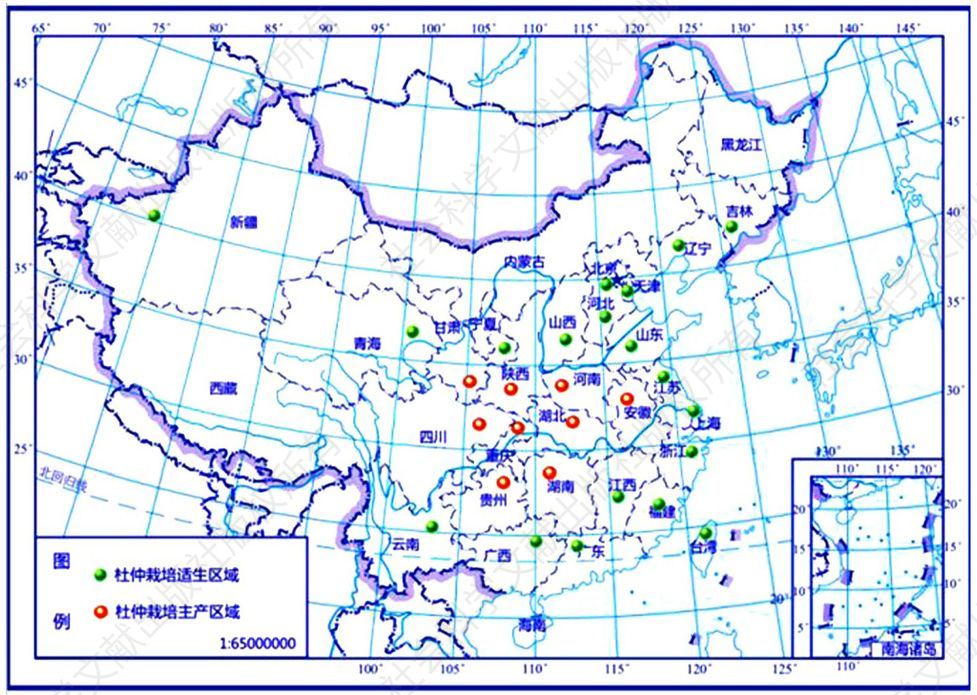图1 我国杜仲分布 Fig.1 Distribution of Eucommia in China