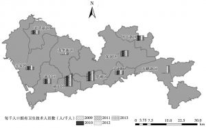 图1-9 深圳市每千人口拥有政府办卫生技术人员分布情况
