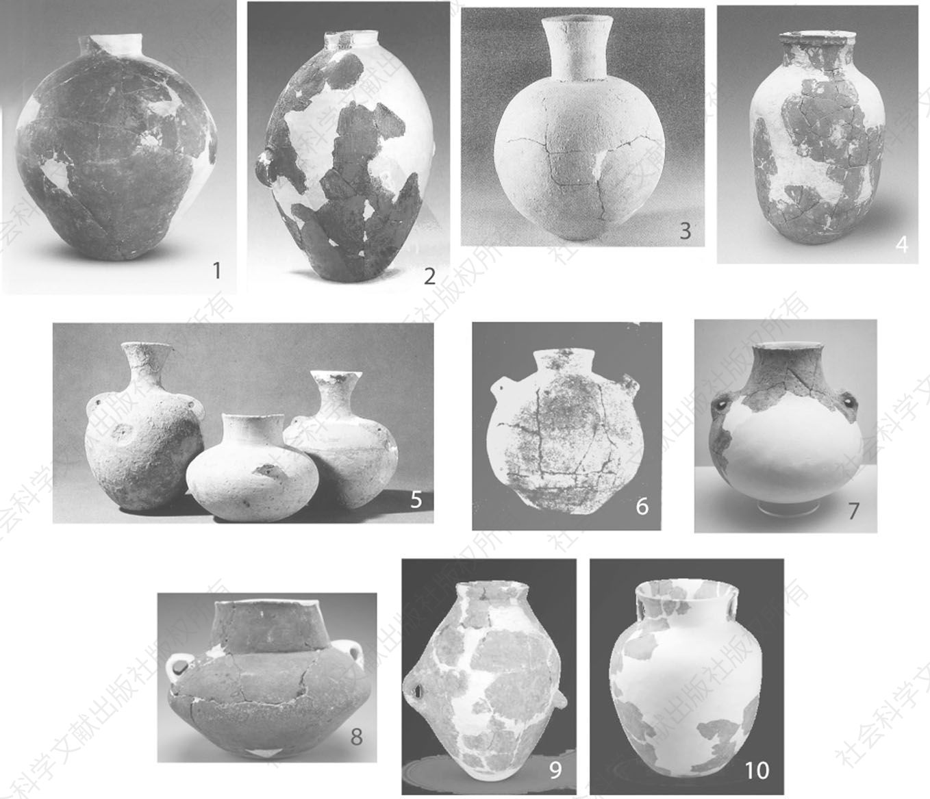 图3 黄河及长江流域新石器时代早期文化主要遗址中出土小口鼓腹壶（7000～5000 BC）