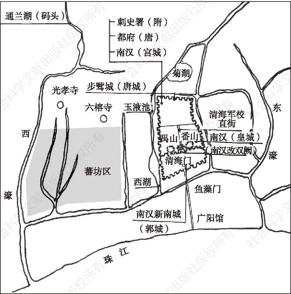 图1-1 唐代广州城墙范围和城西的蕃坊位置