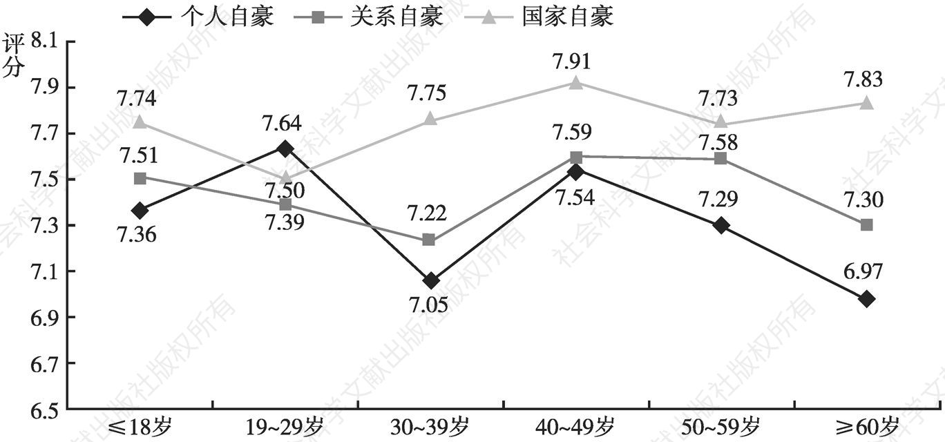 图3 不同年龄组在个人、关系和国家自豪水平上的差异