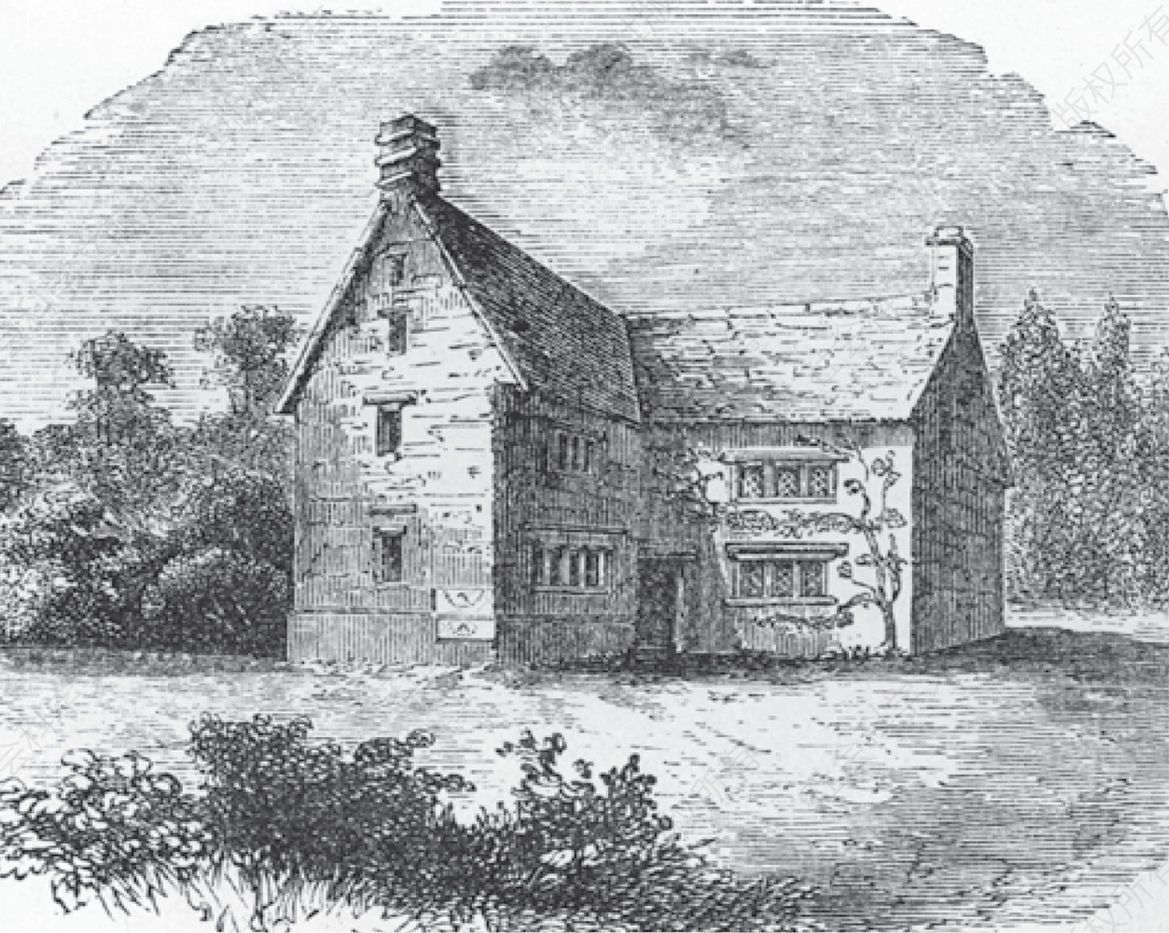 艾萨克·牛顿出生的房屋“伍尔斯索普庄园”，位于林肯郡的格兰瑟姆附近（木版画，1890）。