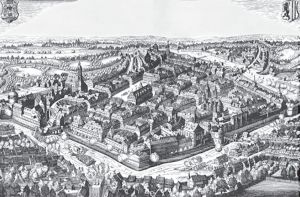 莱比锡在三十年战争期间多次沦为战场，这幅铜版画取自马特乌斯·梅里安（Matthäus Merian）的《欧罗巴剧场》（Theatrum Europaeum），描绘了1632年帝国军队对城市的围攻。