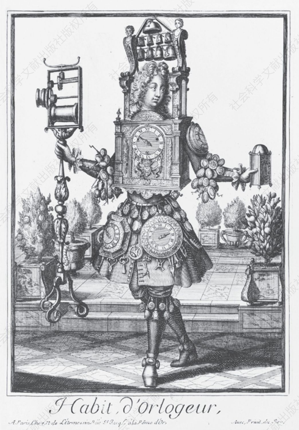 巴洛克时期的钟表——想象中钟表匠的装扮，带有其职业元素。图为尼古拉二世·德·拉梅辛（Nicolas II de Larmessin）所作铜版画，取自《滑稽装束·职业服装》（Les Costumes Grotesques，Habits des métiers et professions，巴黎，1695）。