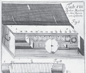 莱布尼茨发明的掌握全部四则运算的计算机的功能设计图，发表于《柏林汇编》（Miscellanea Berolinensia，柏林，1710）。