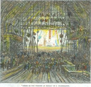 约1865年的澳门妈阁庙戏棚内部结构，以德国画家爱德华·希尔德布兰特的画作为底本制作的版画