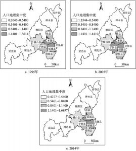 图3-6 1995年、2005年和2014年榆林市人口地理集中度分布