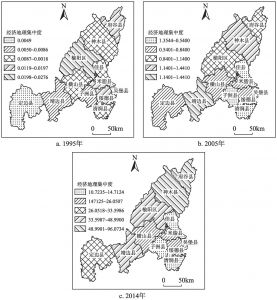 图3-7 1995年、2005年和2014年榆林市经济地理集中度分布