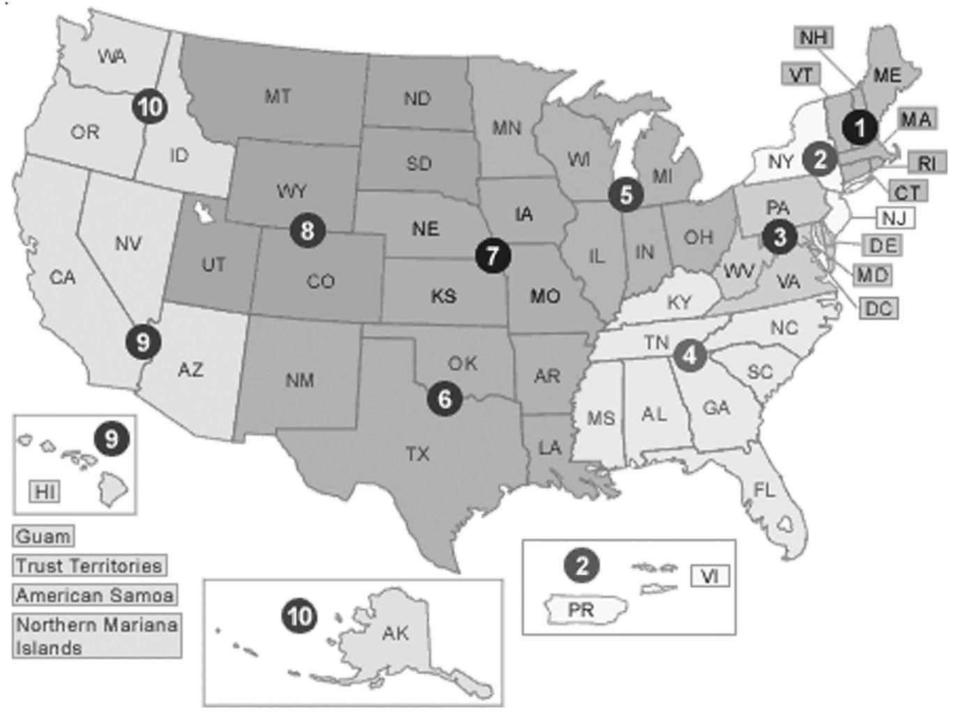 图1 美国环保局下属的十个地方管理分支机构