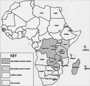 图11 东部和南部非洲共同市场（COMESA）、南部非洲发展共同体（SADC）、东非共同体（EAC）成员国示意