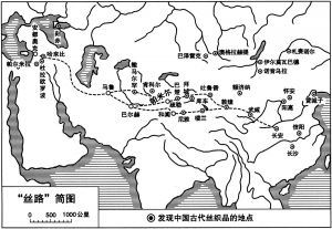 图4-1 发现中国古代丝织品的地点和“丝路”简图