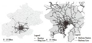 Figure 10 Spatial Distribution of Rail Transit Stations in Beijing (Left) and Tokyo (Right)