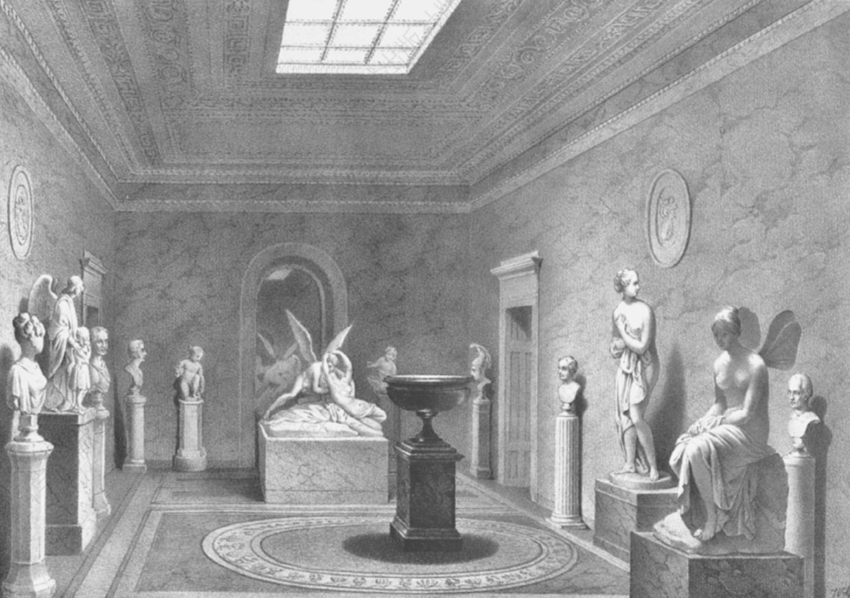 《跑马路别墅中的“博物馆”》（1836），铜版雕刻：爱德华·古尔克；铜版画：F.德维尔特；印制：约翰·赫弗里希