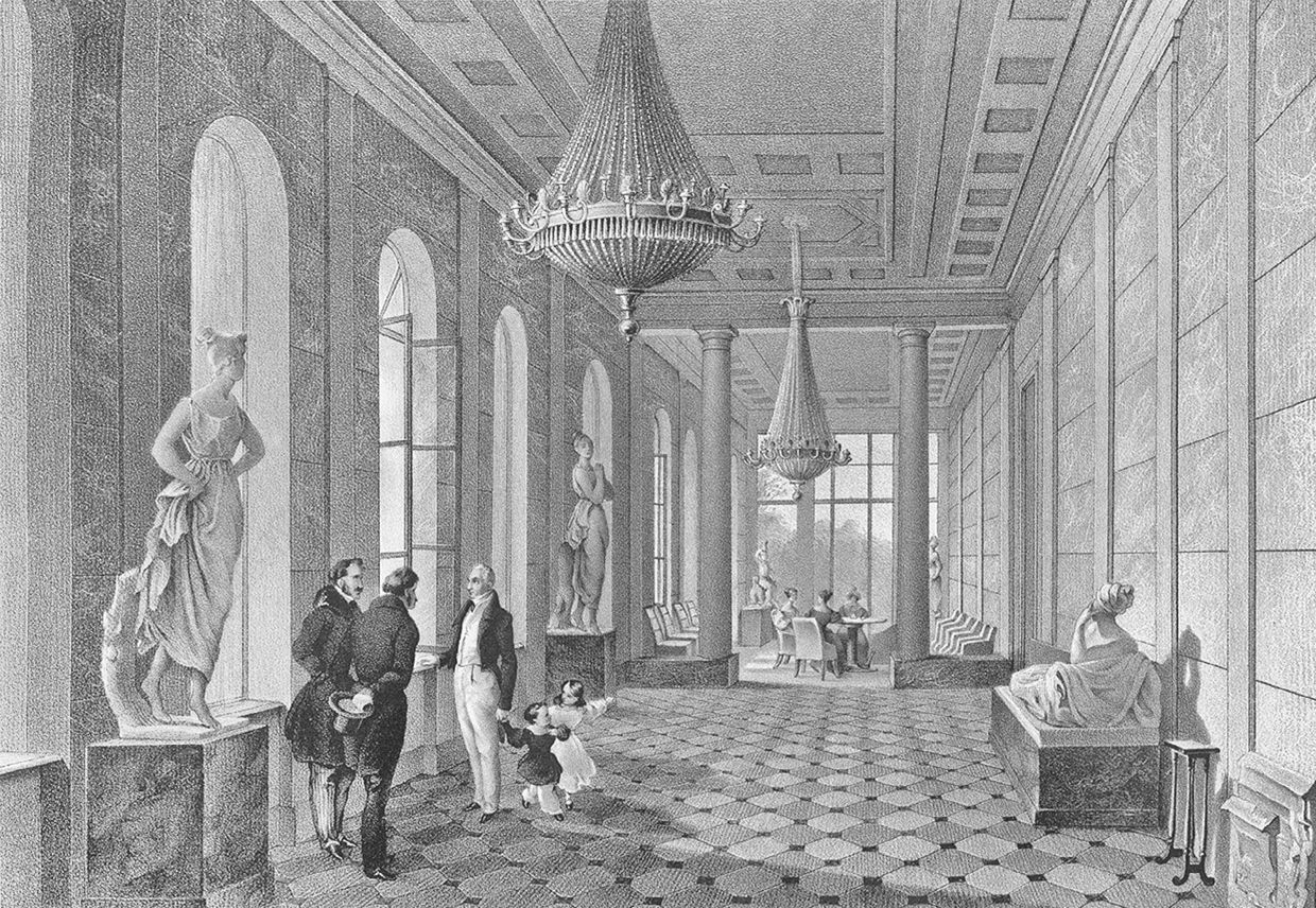 《跑马路别墅中的长廊》（1836），铜版雕刻：爱德华·古尔克；铜版画：F.德维尔特；印制：约翰·赫弗里希