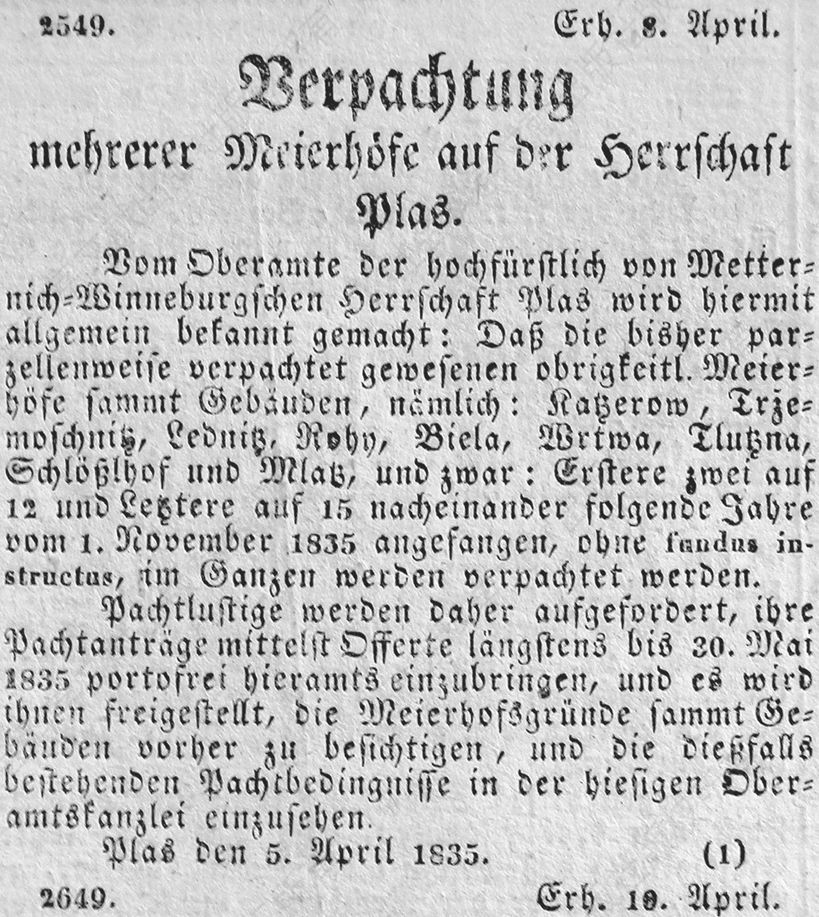 《布拉格日报》上普拉斯领地出租农庄的广告，1835年4月