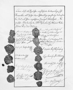 1795年9月25日签订的梅特涅与爱列欧诺拉·冯·考尼茨的婚姻协议的最后一页，附有签字和火漆印章