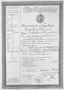 富歇为留在巴黎的梅特涅夫人开具的1809年战争期间亦可使用的出境凭证