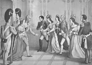 1812年5月在德累斯顿的君主大聚会。从左至右为：弗朗茨皇帝和卢多维卡，拿破仑皇帝和玛丽-路易莎，萨克森国王腓特烈·奥古斯特一世和夫人玛丽娅·奥古斯塔