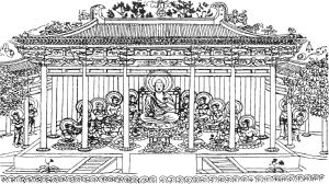 图Ⅰ—13 慈恩寺大雁塔石门楣佛殿和佛像线刻图