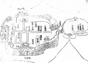 图9 康熙《交城县志》城池图中的却月湖