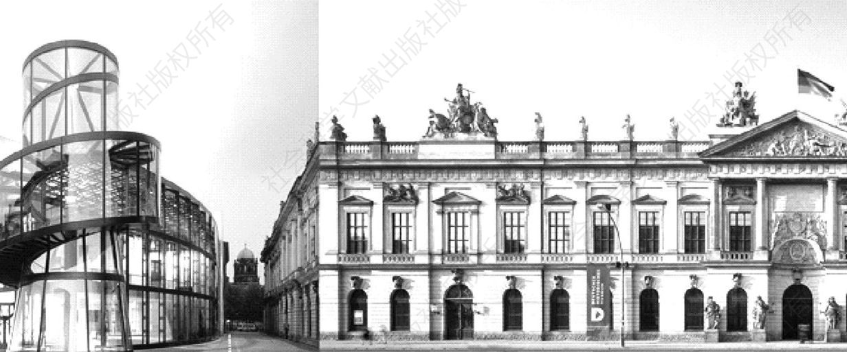 图4 左侧为贝聿铭设计的新馆，右侧为古老的军械库