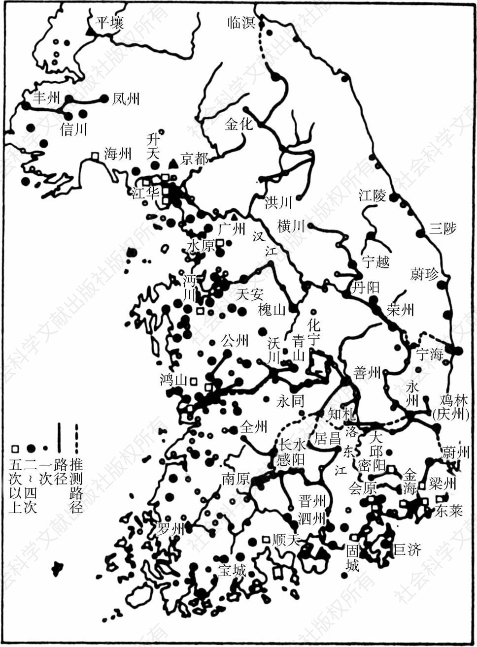 十四至十五世纪朝鲜半岛地区倭寇的活动（根据津田左右吉的原图）