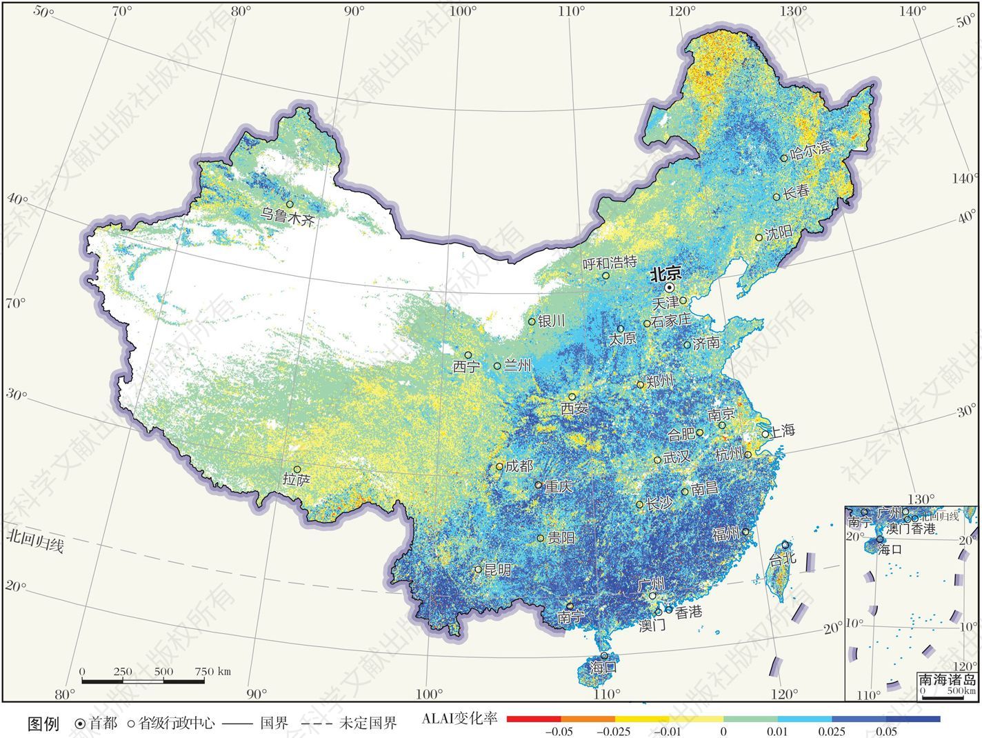 图8 2003～2018年中国植被年平均叶面积指数变化率分布