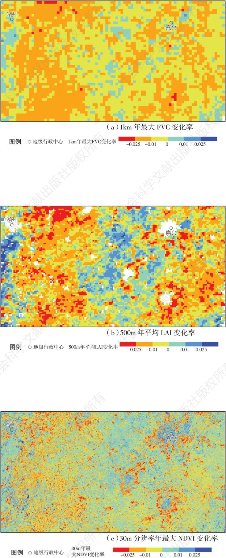 图18 浙江省北部农田样区植被参数变化率空间分布