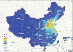 图2 2016年卫星遥感监测中国大气NO2柱浓度分布