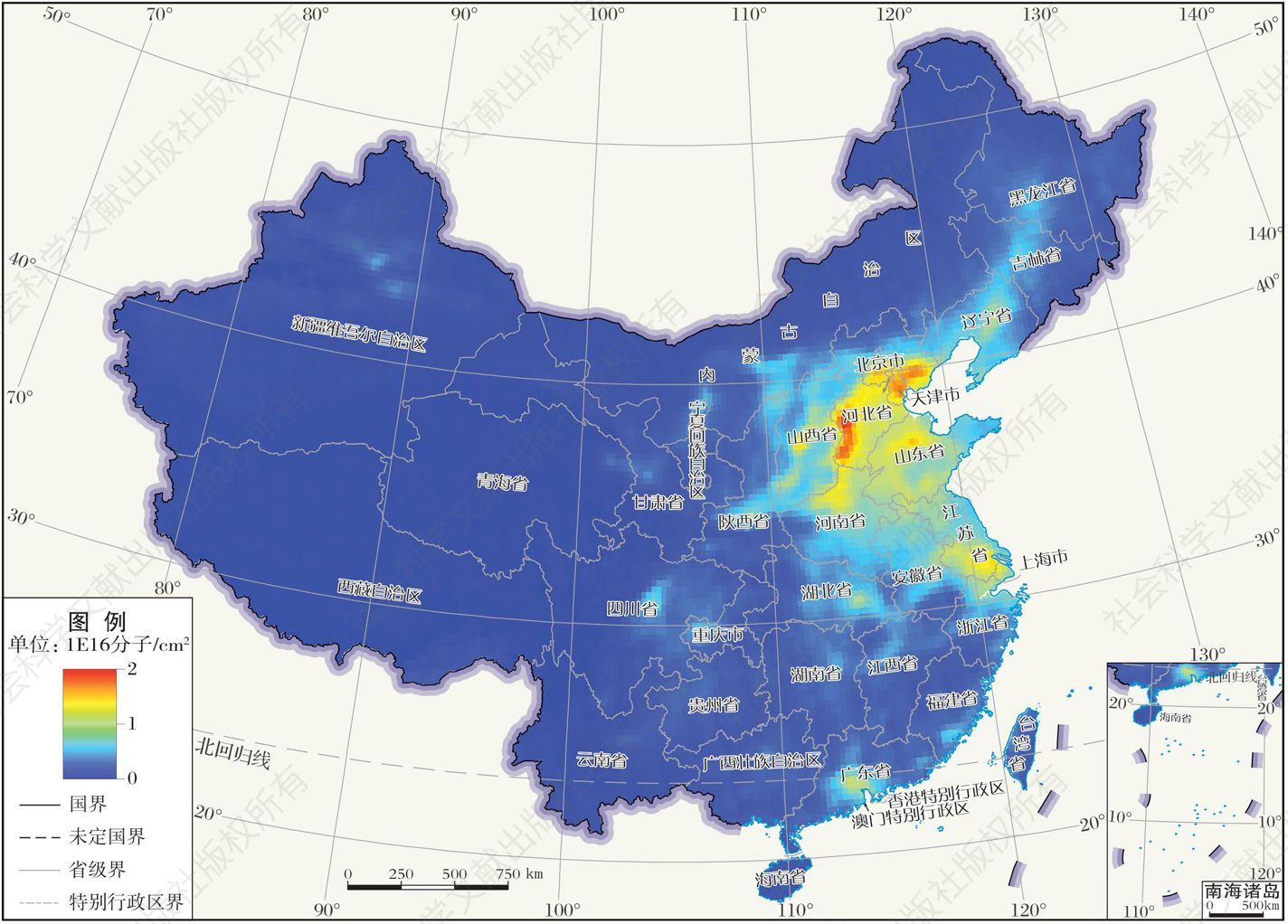 图4 2018年卫星遥感监测中国大气NO2柱浓度分布